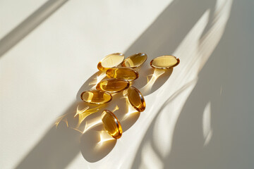 fish oil omega 3 capsules in sunlight on white background