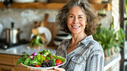 Portrait of a smiling woman holding a plate of colorful salad ingredients, showcasing her commitment to wellness through wholesome food choices.