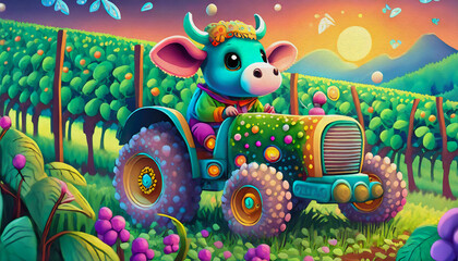 Fototapeta premium oil painting style cartoon character Multicolored the baby cow drives the tractor