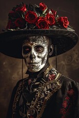 Elegance and intricacy in Day of the Dead portrayal Man with skull makeup and rose-adorned hat