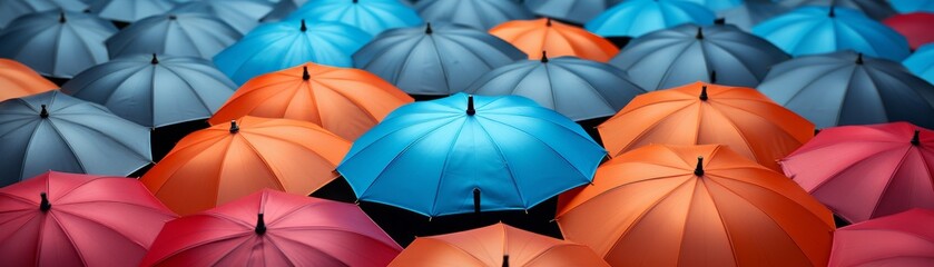 Colorful umbrella standing out among blue umbrellas