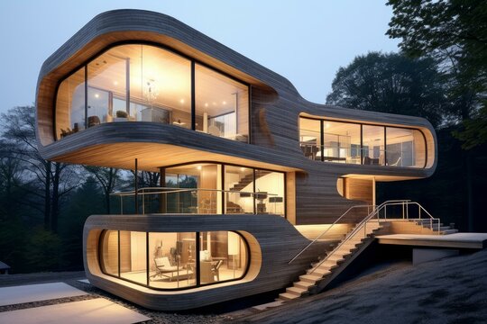 Unique wooden house with curvilinear architecture illuminated at dusk