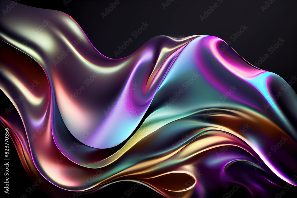 Poster realistic dark texture of holographic soft silk fabric. flowing soft cloth colorful textile folds. f