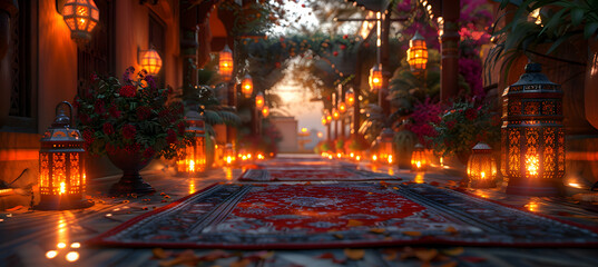 A festive setting with oil lamps and traditional Eid-al-Adha decorations