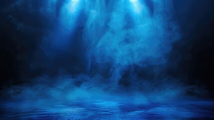 Fototapeta premium A dark empty street, dark blue background, an empty dark scene, neon light, spotlights The asphalt floor and studio room with smoke float up the interior texture. night view, generative ai
