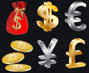 International CURRENCIES ON A BLACK BACKGROUND. STRONG WORLD CURRENCIES MONEY EXCHANGE RATES, CURRENCY ICONS, DOLLAR, EURO YUAN, PATTERN WITH CURRENCIES