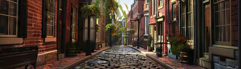 Fototapeta premium Historic Streets: Close-up of cobblestone streets, gas lamps, and historic buildings, highlighting the city's historic charm and heritage
