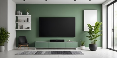 Fototapeta premium Pastel TV room with green armchair and decoration. 3D rendering
