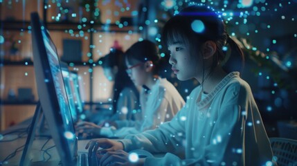 Asian students doing codeding program project digital