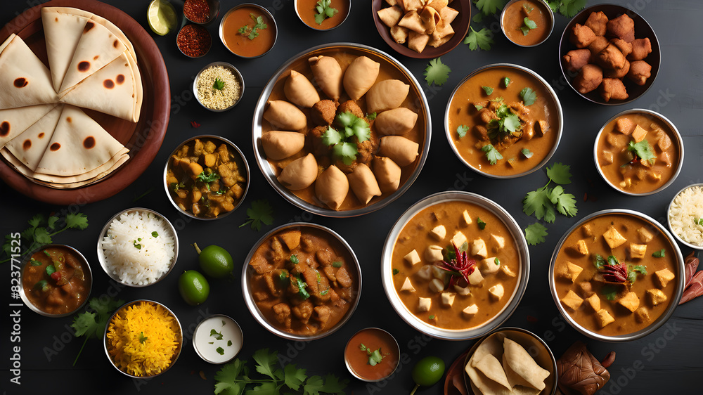 Wall mural Desi, Indian traditional food set, top view, Generative AI