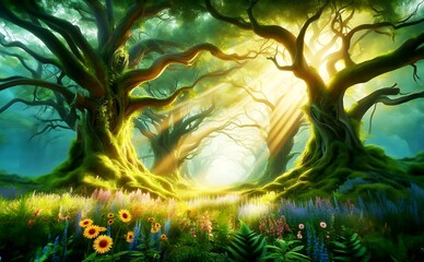 Fototapeta premium Fairytale forest with magical rays of light through the trees. Fantasy forest landscape. Unreal world. 3D render. Raster illustration.