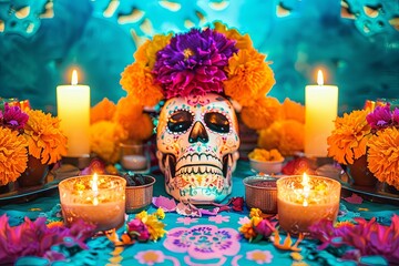 Festive Dia de los Muertos altar scene celebrating life and remembrance