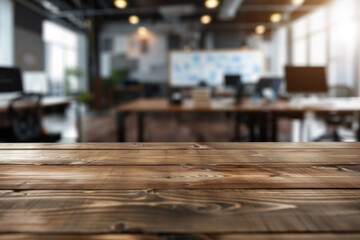 A wooden tabletop in the foreground with a blurred background of a high-tech office. The background features modern workstations with multiple monitors, ergonomic chairs, and whiteboards.