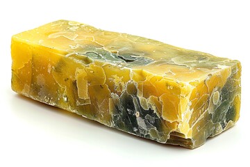 a model of a rectangular translucent yellow mineral with dark green inclusions. The mineral is approximately 3.5 inches long, 2.25 inches wide, and 1.25 inches thick.