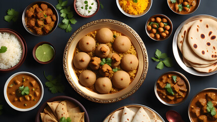 Obraz premium Desi, Indian traditional food set, top view, Generative AI