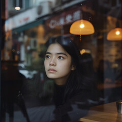 In the city, a woman with Asian and Latino features looks through the reflections of a café bar window with a thoughtful and serious expression
