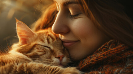 A woman is hugging a cat with her face