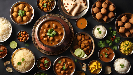 Desi, Indian traditional food set, top view, Generative AI