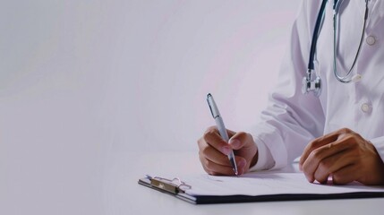 The hand of a doctor writing a medical paper on a 