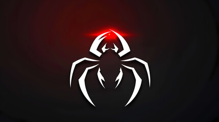 Fototapeta premium Abstract Spider-Scorpion Hybrid Logo with Sharp Edges and Red, White, Black Color Scheme Featuring Glowing Eyes on Dark Background for Bold Graphic Design