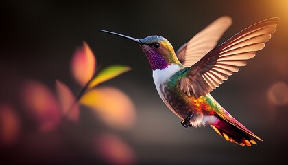 Fototapeta premium Colorful hummingbird in flight with nature blurred in the background
