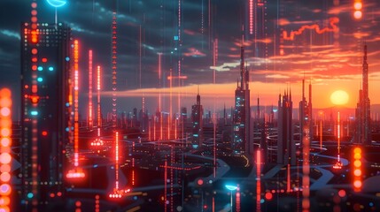 Futuristic Cityscape with Luminous Skyscrapers and Neon Lights in Vibrant Hues at Dusk