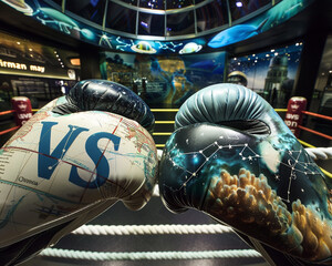Boxing gloves with a star map and ocean map design, with "VS" letters in a theme of sky and sea, set against a backdrop of a planetarium and an oceanographic museum.