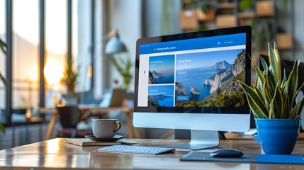 Travel agency platform showcasing stunning destinations in a modern office with natural light and greenery