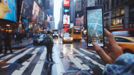 A person standing on a busy street corner, using a smartphone to navigate with a GPS app. The busy...