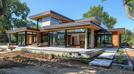 A large house with a lot of windows and a fireplace