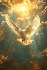 A white dove flying in the sky with a sun shining on it © itchaznong