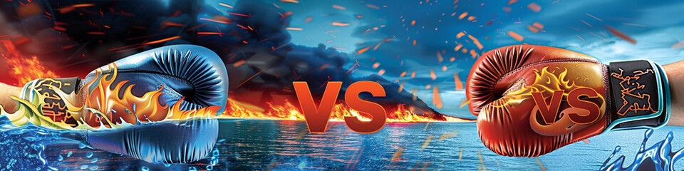Boxing gloves with a fire flame and water wave design, with "VS" letters in a clash of elements, set against a backdrop of a blazing fire and a calm sea.