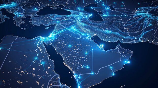 Abstract map of Saudi Arabia, Middle East and North Africa, concept of global network and connectivity, data transfer and cyber technology, information exchange and telecommunication