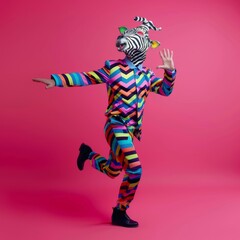 Freak in zebra mask dancing, masquerade, absurd carnival, having fun in costume party, weird mask head