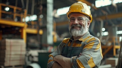 An elderly engineer with a beard and mustache on his face, 
stands and smiles, arms crossed over his chest, at a construction site.
