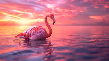 Fototapeta premium Graceful flamingo swimming in tranquil waters at vibrant sunset over horizon