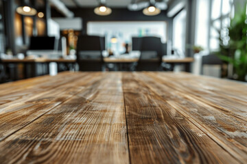 A wooden tabletop in the foreground with a blurred background of a high-tech office. The background features modern workstations with multiple monitors, ergonomic chairs, and whiteboards.