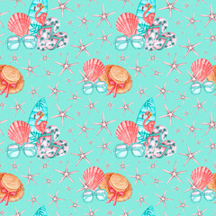 Sea travel watercolor seamless pattern. Summer vacation. Beach holiday. Exotic, south. Shell, starfish, flip-flops, surfboard, straw hat, sunglasses. Blue background. For printing on fabric, textiles