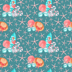 Cruise watercolor seamless pattern. Summer vacation. Beach holiday. Exotic, south. Shell, starfish, flip-flops, surfboard, straw hat, sunglasses. Blue background. For printing on fabric, textile, card