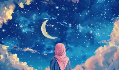 A girl wearing a hijab, standing with her back turned and looking at the crescent moon in the sky full of stars
