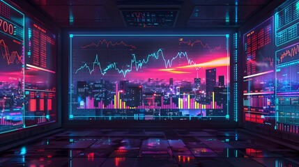 Futuristic Cityscape with Glowing Data Displays and Financial Insights