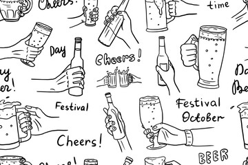 Seamless pattern of beer, glasses of beer, bottle of beer in hand, glass in hand in doodle style. Mug with beer. Cheers. Great for bar menu design, packaging, pub. Hand drawn.