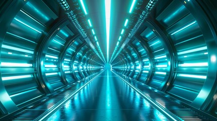 Obraz premium A long, narrow tunnel with neon lights shining down on it