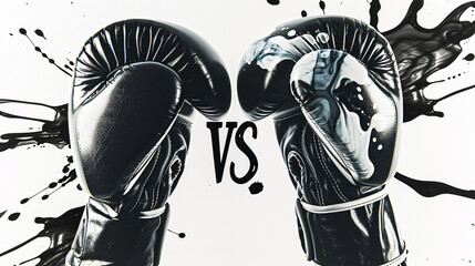 Black and white boxing gloves with a splash of ink effect, and the "VS" letters artistically blended into the ink splash, set against a pure white background.