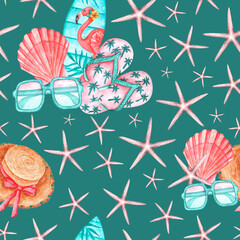 Ocean travel watercolor seamless pattern. Summer vacation. Sea holidays. Exotic, south. Shell, starfish, flip-flops, surfboard, straw hat, sunglasses. Turquoise background. For printing on fabric