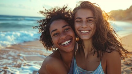 Fototapeta premium Two women smiling and hugging on a beach