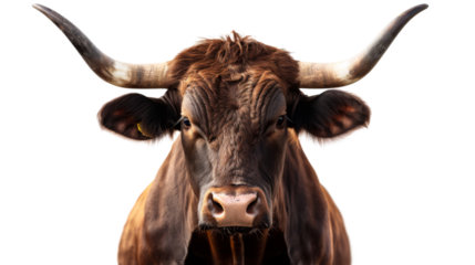 Strongest dark brown bull on white background
