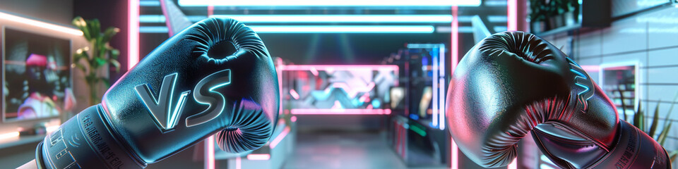 Boxing gloves in a holographic shimmer and a matte finish, with "VS" letters that blend futurism and simplicity, set against a backdrop of a tech expo and a minimalist gallery.