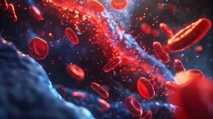 Erythrocytes on the background of venous blood flow, a wave of platelets
