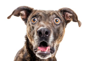 Funny and excited dog on white background